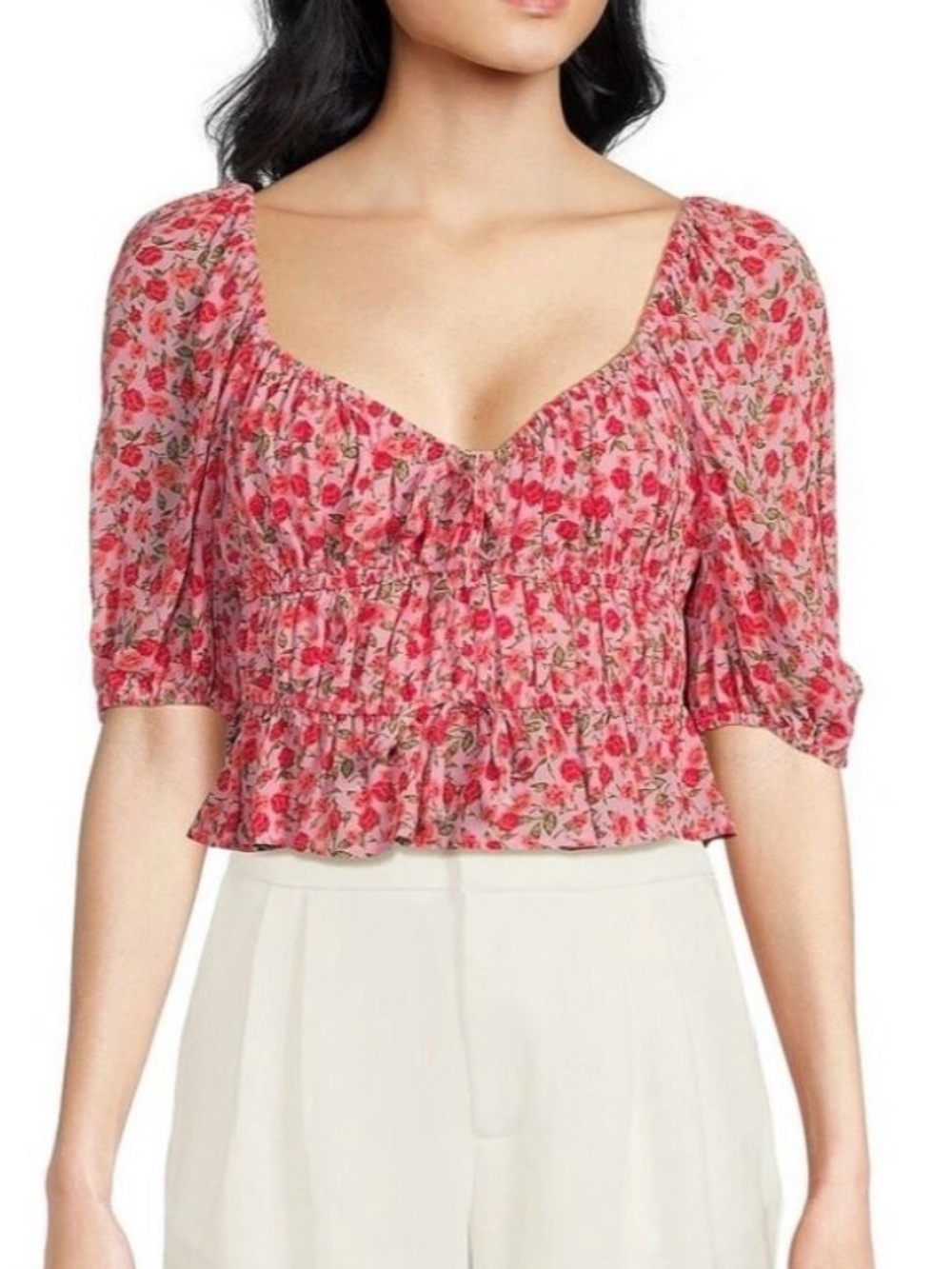 Wayf Pink Floral Smocked Peplum Crop Top